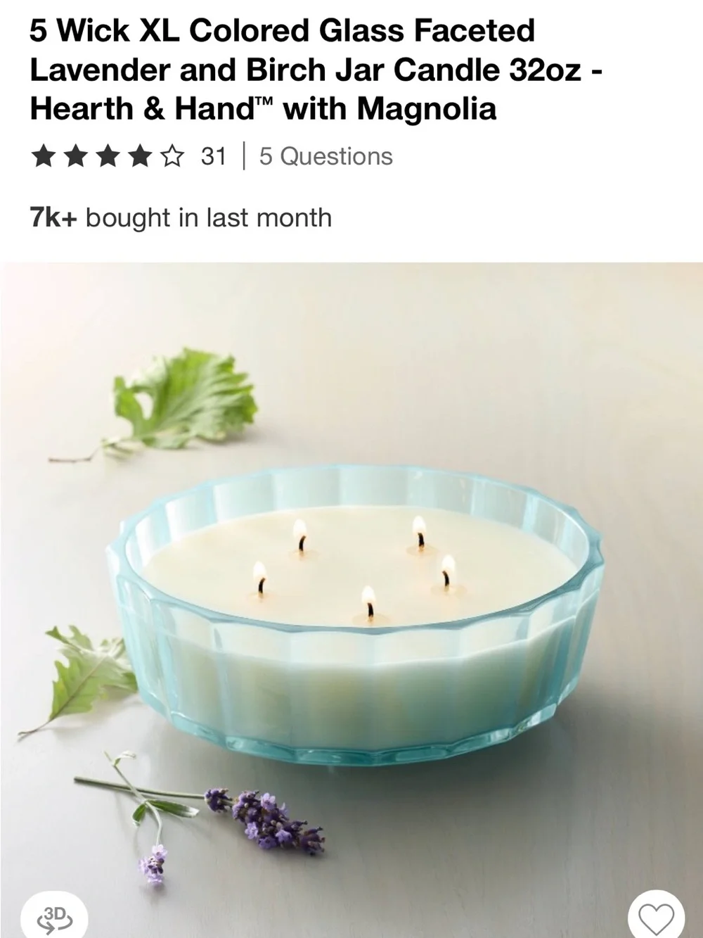 Hearth & Hand 5-Wick Tinted Glass Lavender and Birch Ribbed Jar Candle 32 oz